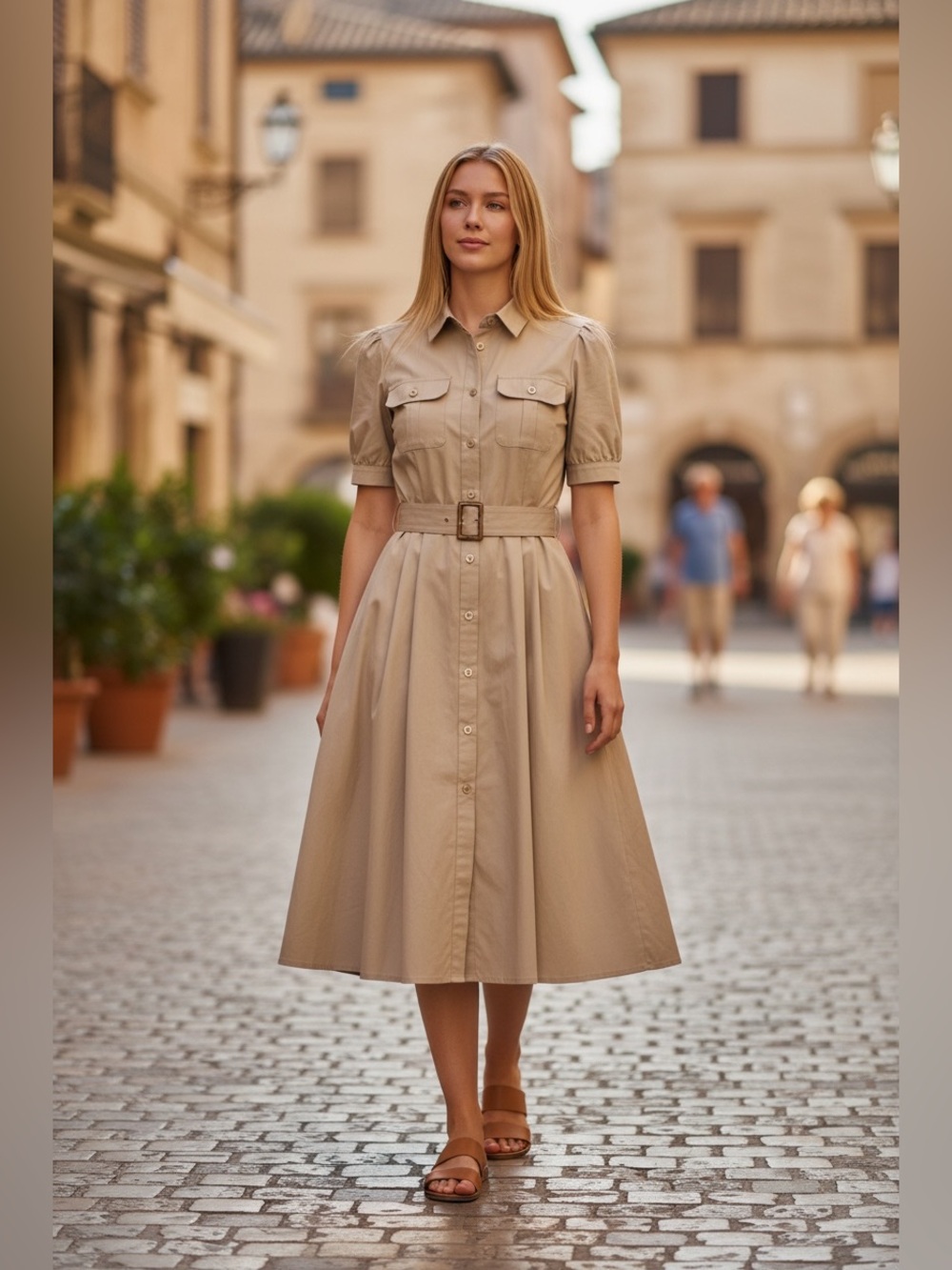 Blue Label Beige Short-Sleeve Shirt Dress with Belt